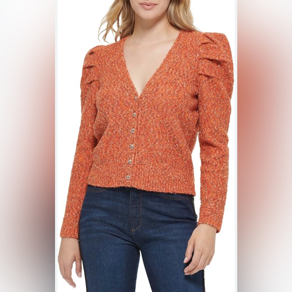 Karl Lagerfeld Paris Puff Sleeve Confetti Cardigan Sweater Orange Size Medium